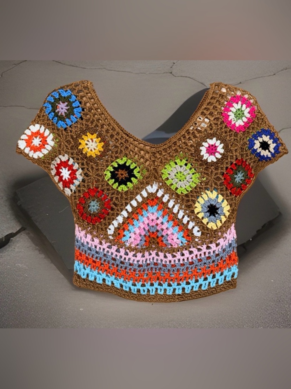 NWT Love Sense Women’s Crochet Crop Top in Warm Brown & Multicolor-L
